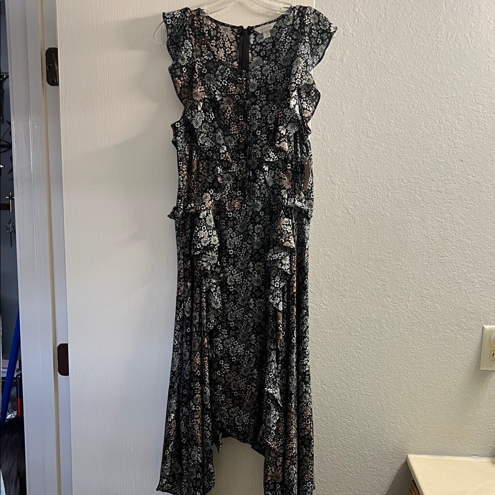 belle sky Black and Pink Floral High-Low Ruffle Dress